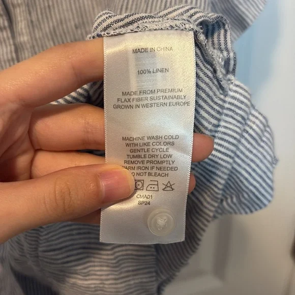 100% European Linen Short Sleeve Shirt blue stripe - Picture 6 of 7